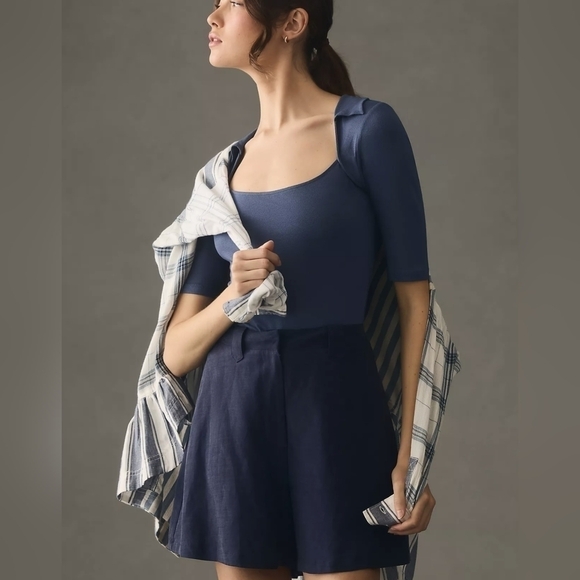 Anthropologie Collared Square Neck Tee in Navy Blue Size XL NWT - Picture 2 of 8